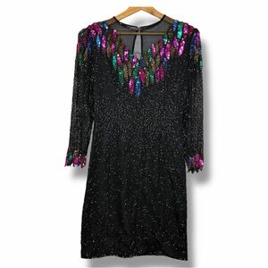 Vintage SCALA Silk Beaded Sequin Dress L Black 80s 90s Party Cocktail Holiday